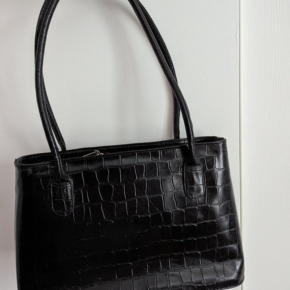 Brazilian classic black croc-embossed genuine leather handbag